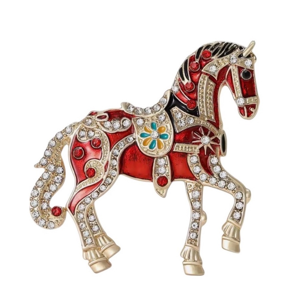 Elegant Red Horse Brooch with Crystals